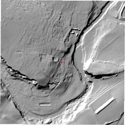 Shaded relief map of the ground around HG58HX, computed from Environment Agency LiDAR. The ground here sits at about 42 m above sea level and falls 35 m across the surrounding 800 m. Surface water reaching this point runs off ground lying to the west-south-west, 16.3 m higher.