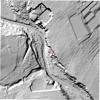 Shaded relief map of the ground around HG58HY, computed from Environment Agency LiDAR. The ground here sits at about 55 m above sea level and falls 43 m across the surrounding 800 m. Surface water reaching this point runs off ground lying to the east-north-east, 26.7 m higher.