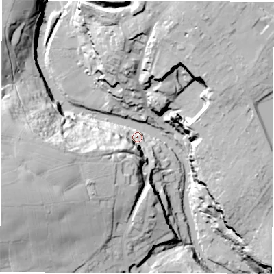Shaded relief map of the ground around HG58HZ, computed from Environment Agency LiDAR. The ground here sits at about 38 m above sea level and falls 45 m across the surrounding 800 m. Surface water reaching this point runs off ground lying to the south-west, 26.2 m higher.