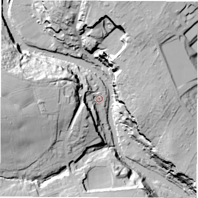 Shaded relief map of the ground around HG58JB, computed from Environment Agency LiDAR. The ground here sits at about 38 m above sea level and falls 44 m across the surrounding 800 m. Surface water reaching this point runs off ground lying to the west-south-west, 22.1 m higher.
