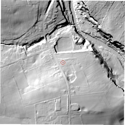 Shaded relief map of the ground around HG58JW, computed from Environment Agency LiDAR. The ground here sits at about 58 m above sea level and falls 40 m across the surrounding 800 m. Surface water reaching this point runs off ground lying to the south, 15.4 m higher.