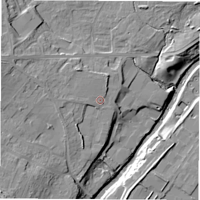 Shaded relief map of the ground around HG58LF, computed from Environment Agency LiDAR. The ground here sits at about 42 m above sea level and falls 24 m across the surrounding 800 m. Surface water reaching this point runs off ground lying to the west-north-west, 4.4 m higher.