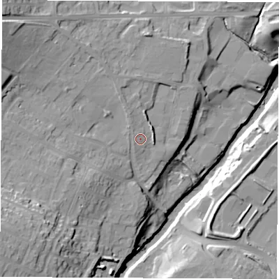 Shaded relief map of the ground around HG58LH, computed from Environment Agency LiDAR. The ground here sits at about 42 m above sea level and falls 31 m across the surrounding 800 m. Surface water reaching this point runs off ground lying to the north-east, 2.6 m higher.