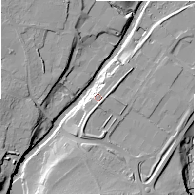 Shaded relief map of the ground around HG58LJ, computed from Environment Agency LiDAR. The ground here sits at about 40 m above sea level and falls 23 m across the surrounding 800 m. Surface water reaching this point runs off ground lying to the south, 3.2 m higher.