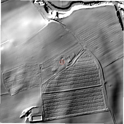 Shaded relief map of the ground around HG58LP, computed from Environment Agency LiDAR. The ground here sits at about 56 m above sea level and falls 33 m across the surrounding 800 m. Surface water reaching this point runs off ground lying to the west, 2.9 m higher.