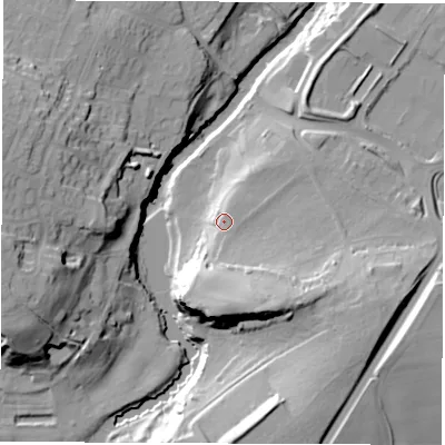 Shaded relief map of the ground around HG58LR, computed from Environment Agency LiDAR. The ground here sits at about 43 m above sea level and falls 34 m across the surrounding 800 m. Surface water reaching this point runs off ground lying to the south, 22.5 m higher.
