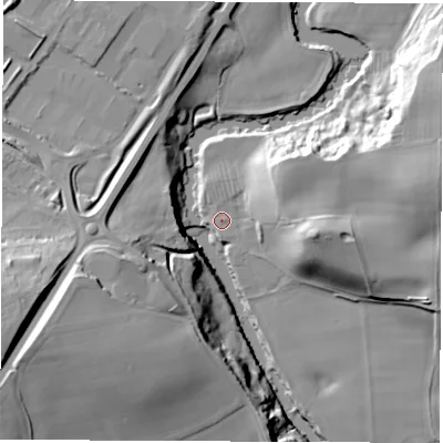 Shaded relief map of the ground around HG58LW, computed from Environment Agency LiDAR. The ground here sits at about 32 m above sea level and falls 32 m across the surrounding 800 m. Surface water reaching this point runs off ground lying to the east, 19.0 m higher.