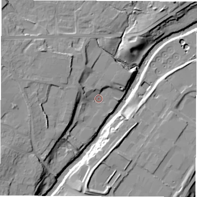Shaded relief map of the ground around HG58NQ, computed from Environment Agency LiDAR. The ground here sits at about 34 m above sea level and falls 19 m across the surrounding 800 m. Surface water reaching this point runs off ground lying to the north-west, 7.9 m higher.