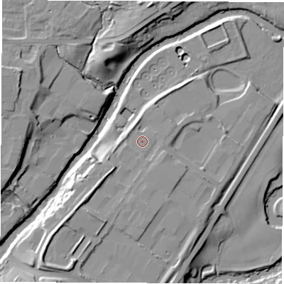 Shaded relief map of the ground around HG58PJ, computed from Environment Agency LiDAR. The ground here sits at about 37 m above sea level and falls 16 m across the surrounding 800 m. Surface water reaching this point runs off ground lying to the south-west, 1.8 m higher.
