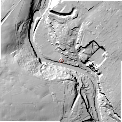 Shaded relief map of the ground around HG58PN, computed from Environment Agency LiDAR. The ground here sits at about 39 m above sea level and falls 45 m across the surrounding 800 m. Surface water reaching this point runs off ground lying to the north-north-east, 44.6 m higher.