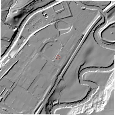 Shaded relief map of the ground around HG58PY, computed from Environment Agency LiDAR. The ground here sits at about 35 m above sea level and falls 21 m across the surrounding 800 m. Surface water reaching this point runs off ground lying to the south-west, 2.1 m higher.