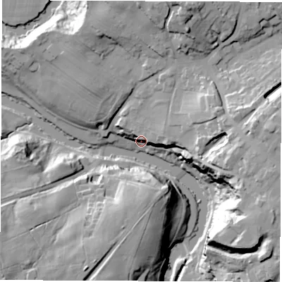 Shaded relief map of the ground around HG59AZ, computed from Environment Agency LiDAR. The ground here sits at about 49 m above sea level and falls 45 m across the surrounding 800 m. Surface water reaching this point runs off ground lying to the east-north-east, 18.2 m higher.