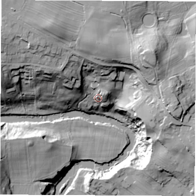 Shaded relief map of the ground around HG59BX, computed from Environment Agency LiDAR. The ground here sits at about 55 m above sea level and falls 46 m across the surrounding 800 m. Surface water reaching this point runs off ground lying to the north, 19.5 m higher.