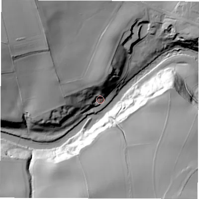 Shaded relief map of the ground around HG59DH, computed from Environment Agency LiDAR. The ground here sits at about 53 m above sea level and falls 48 m across the surrounding 800 m. Surface water reaching this point runs off ground lying to the west-north-west, 27.6 m higher.