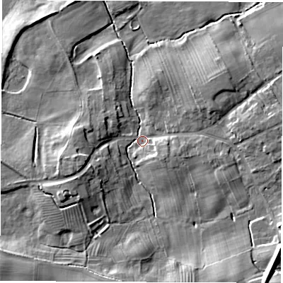 Shaded relief map of the ground around HG59LD, computed from Environment Agency LiDAR. The ground here sits at about 28 m above sea level and falls 15 m across the surrounding 800 m. Surface water reaching this point runs off ground lying to the south-east, 11.2 m higher.