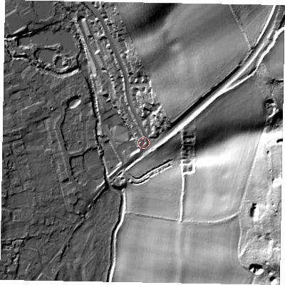 Shaded relief map of the ground around HP100AU, computed from Environment Agency LiDAR. The ground here sits at about 47 m above sea level and falls 63 m across the surrounding 800 m. Surface water reaching this point runs off ground lying to the north-east, 53.5 m higher.
