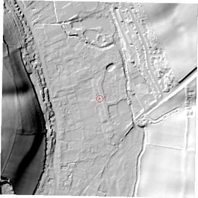 Shaded relief map of the ground around HP100BP, computed from Environment Agency LiDAR. The ground here sits at about 40 m above sea level and falls 50 m across the surrounding 800 m. Surface water reaching this point runs off ground lying to the north, 1.4 m higher.