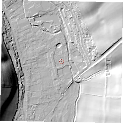 Shaded relief map of the ground around HP100BT, computed from Environment Agency LiDAR. The ground here sits at about 40 m above sea level and falls 47 m across the surrounding 800 m. Surface water reaching this point runs off ground lying to the north, 2.7 m higher.