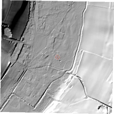 Shaded relief map of the ground around HP100EG, computed from Environment Agency LiDAR. The ground here sits at about 37 m above sea level and falls 55 m across the surrounding 800 m. Surface water reaching this point runs off ground lying to the north-west, 49.5 m higher.