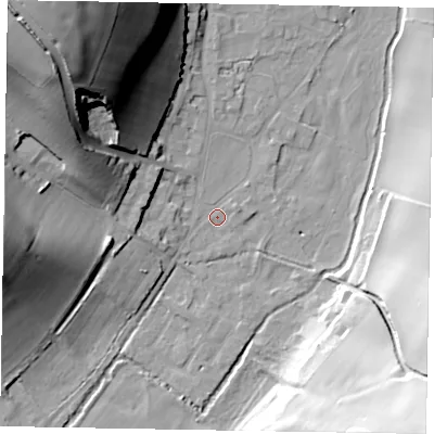 Shaded relief map of the ground around HP100EJ, computed from Environment Agency LiDAR. The ground here sits at about 37 m above sea level and falls 54 m across the surrounding 800 m. Surface water reaching this point runs off ground lying to the north-west, 52.5 m higher.