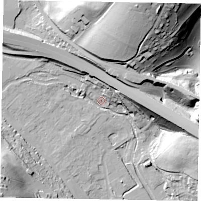 Shaded relief map of the ground around HP100NH, computed from Environment Agency LiDAR. The ground here sits at about 45 m above sea level and falls 52 m across the surrounding 800 m. Surface water reaching this point runs off ground lying to the east, 33.5 m higher.