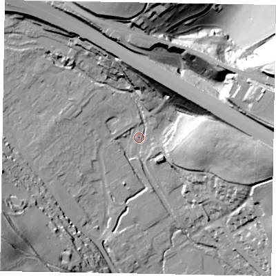 Shaded relief map of the ground around HP100NY, computed from Environment Agency LiDAR. The ground here sits at about 43 m above sea level and falls 55 m across the surrounding 800 m. Surface water reaching this point runs off ground lying to the east-north-east, 45.4 m higher.