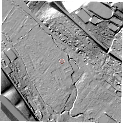 Shaded relief map of the ground around HP109GE, computed from Environment Agency LiDAR. The ground here sits at about 53 m above sea level and falls 72 m across the surrounding 800 m. Surface water reaching this point runs off ground lying to the east-north-east, 0.9 m higher.