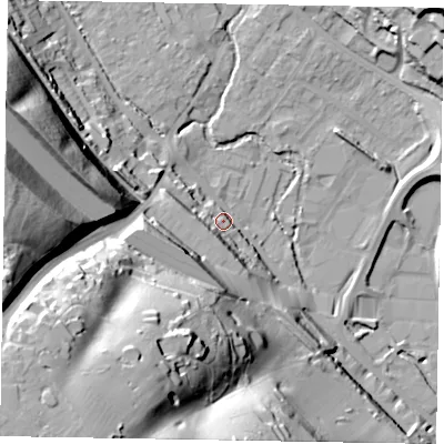 Shaded relief map of the ground around HP109QN, computed from Environment Agency LiDAR. The ground here sits at about 54 m above sea level and falls 64 m across the surrounding 800 m. Surface water reaching this point runs off ground lying to the west-south-west, 23.1 m higher.