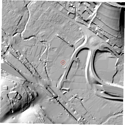 Shaded relief map of the ground around HP109QY, computed from Environment Agency LiDAR. The ground here sits at about 49 m above sea level and falls 61 m across the surrounding 800 m. Surface water reaching this point runs off ground lying to the south-west, 56.4 m higher.