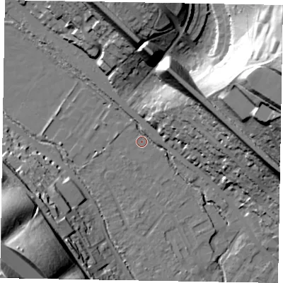 Shaded relief map of the ground around HP109TD, computed from Environment Agency LiDAR. The ground here sits at about 54 m above sea level and falls 58 m across the surrounding 800 m. Surface water reaching this point runs off ground lying to the north-north-west, 28.3 m higher.