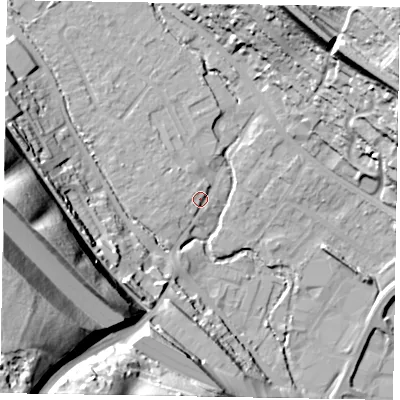 Shaded relief map of the ground around HP109TZ, computed from Environment Agency LiDAR. The ground here sits at about 53 m above sea level and falls 62 m across the surrounding 800 m. Surface water reaching this point runs off ground lying to the west-north-west, 2.7 m higher.