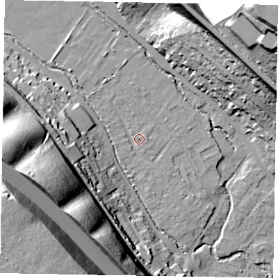 Shaded relief map of the ground around HP109UP, computed from Environment Agency LiDAR. The ground here sits at about 53 m above sea level and falls 61 m across the surrounding 800 m. Surface water reaching this point runs off ground lying to the west, 46.0 m higher.