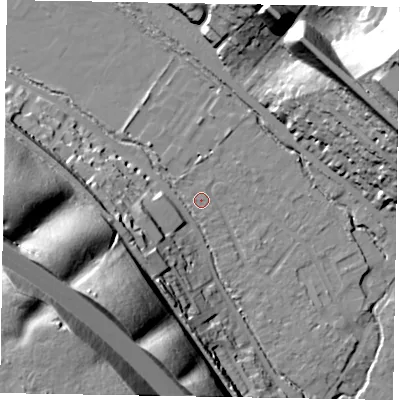 Shaded relief map of the ground around HP109UR, computed from Environment Agency LiDAR. The ground here sits at about 53 m above sea level and falls 61 m across the surrounding 800 m. Surface water reaching this point runs off ground lying to the north-west, 2.4 m higher.