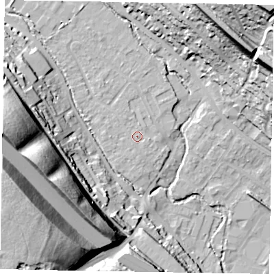 Shaded relief map of the ground around HP109UW, computed from Environment Agency LiDAR. The ground here sits at about 53 m above sea level and falls 61 m across the surrounding 800 m. Surface water reaching this point runs off ground lying to the west, 1.1 m higher.