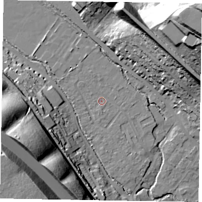 Shaded relief map of the ground around HP109UX, computed from Environment Agency LiDAR. The ground here sits at about 53 m above sea level and falls 60 m across the surrounding 800 m. Surface water reaching this point runs off ground lying to the south, 0.8 m higher.