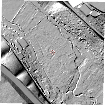 Shaded relief map of the ground around HP109UY, computed from Environment Agency LiDAR. The ground here sits at about 53 m above sea level and falls 61 m across the surrounding 800 m. Surface water reaching this point runs off ground lying to the west-south-west, 45.6 m higher.