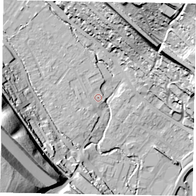 Shaded relief map of the ground around HP109XA, computed from Environment Agency LiDAR. The ground here sits at about 53 m above sea level and falls 60 m across the surrounding 800 m. Surface water reaching this point runs off ground lying to the north-north-west, 0.6 m higher.
