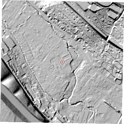 Shaded relief map of the ground around HP109XD, computed from Environment Agency LiDAR. The ground here sits at about 53 m above sea level and falls 60 m across the surrounding 800 m. Surface water reaching this point runs off ground lying to the north-north-east, 1.3 m higher.