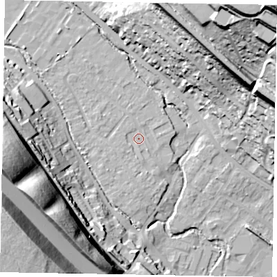 Shaded relief map of the ground around HP109XF, computed from Environment Agency LiDAR. The ground here sits at about 53 m above sea level and falls 60 m across the surrounding 800 m. Surface water reaching this point runs off ground lying to the west-south-west, 44.3 m higher.