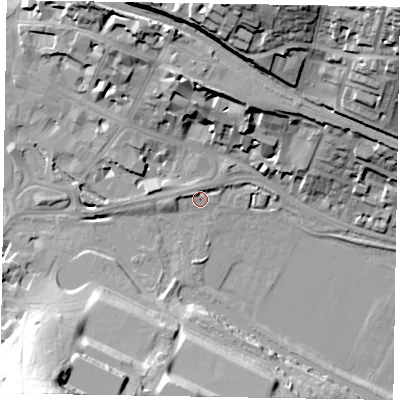 Shaded relief map of the ground around HP111AN, computed from Environment Agency LiDAR. The ground here sits at about 67 m above sea level and falls 48 m across the surrounding 800 m. Surface water reaching this point runs off ground lying to the west-north-west, 2.0 m higher.