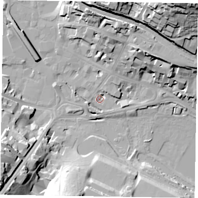 Shaded relief map of the ground around HP111BB, computed from Environment Agency LiDAR. The ground here sits at about 68 m above sea level and falls 43 m across the surrounding 800 m. Surface water reaching this point runs off ground lying to the south-south-west, 2.8 m higher.