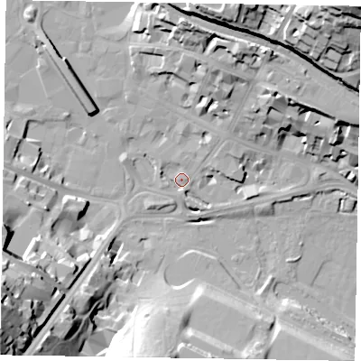 Shaded relief map of the ground around HP111BE, computed from Environment Agency LiDAR. The ground here sits at about 68 m above sea level and falls 45 m across the surrounding 800 m. Surface water reaching this point runs off ground lying to the north, 17.7 m higher.