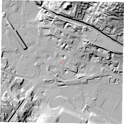 Shaded relief map of the ground around HP111BG, computed from Environment Agency LiDAR. The ground here sits at about 69 m above sea level and falls 55 m across the surrounding 800 m. Surface water reaching this point runs off ground lying to the north, 17.1 m higher.