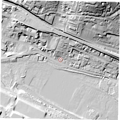 Shaded relief map of the ground around HP111BJ, computed from Environment Agency LiDAR. The ground here sits at about 66 m above sea level and falls 53 m across the surrounding 800 m. Surface water reaching this point runs off ground lying to the north-north-east, 48.5 m higher.
