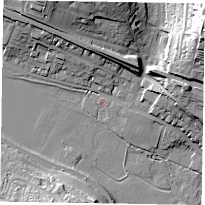 Shaded relief map of the ground around HP111DD, computed from Environment Agency LiDAR. The ground here sits at about 65 m above sea level and falls 52 m across the surrounding 800 m. Surface water reaching this point runs off ground lying to the north-east, 47.4 m higher.
