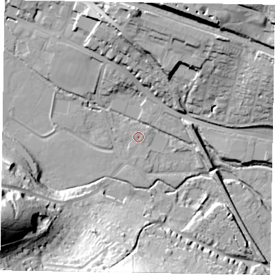Shaded relief map of the ground around HP111DJ, computed from Environment Agency LiDAR. The ground here sits at about 61 m above sea level and falls 51 m across the surrounding 800 m. Surface water reaching this point runs off ground lying to the north-east, 1.0 m higher.