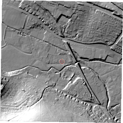 Shaded relief map of the ground around HP111DL, computed from Environment Agency LiDAR. The ground here sits at about 60 m above sea level and falls 62 m across the surrounding 800 m. Surface water reaching this point runs off ground lying to the west-south-west, 3.0 m higher.