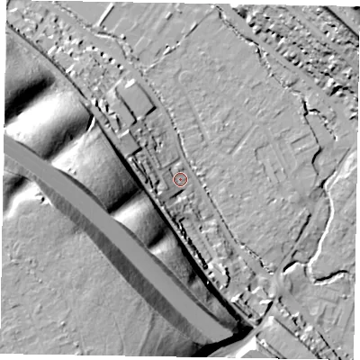 Shaded relief map of the ground around HP111JL, computed from Environment Agency LiDAR. The ground here sits at about 56 m above sea level and falls 61 m across the surrounding 800 m. Surface water reaching this point runs off ground lying to the west, 40.1 m higher.