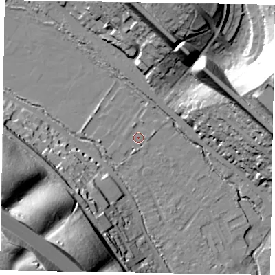 Shaded relief map of the ground around HP111JU, computed from Environment Agency LiDAR. The ground here sits at about 54 m above sea level and falls 60 m across the surrounding 800 m. Surface water reaching this point runs off ground lying to the south, 1.8 m higher.