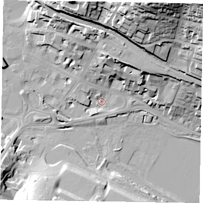 Shaded relief map of the ground around HP111JX, computed from Environment Agency LiDAR. The ground here sits at about 67 m above sea level and falls 50 m across the surrounding 800 m. Surface water reaching this point runs off ground lying to the north, 18.7 m higher.